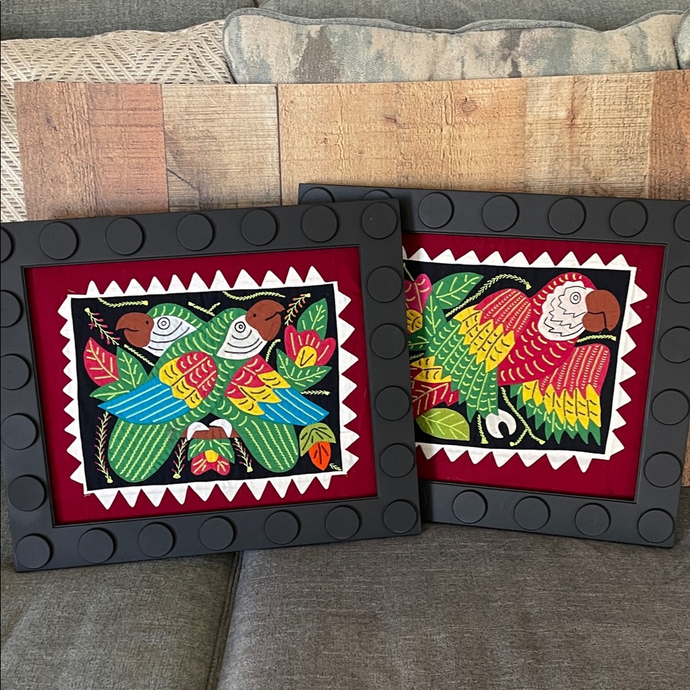Vintage Set of Framed Panamanian Parrot Bird Mola Vibrant Folk Art Textile Art